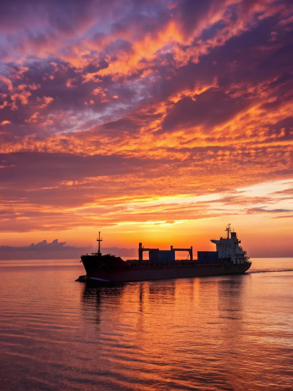 A modern cargo ship sailing on a calm sea at sunset, containers neatly stacked on deck, symbolizing international freight forwarding.