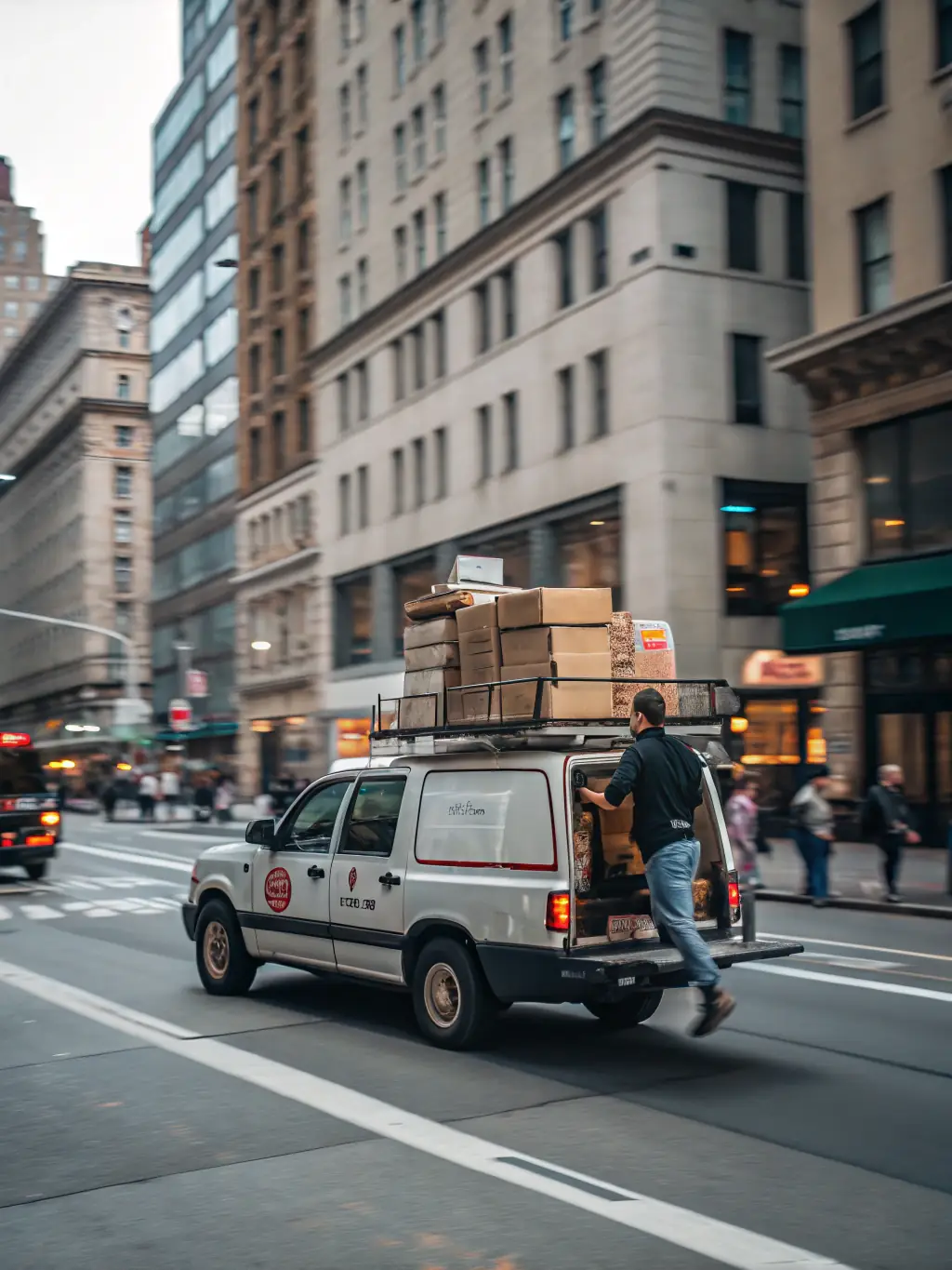 A delivery truck making a stop in a busy city street, symbolizing Orsome Group's last-mile delivery service.