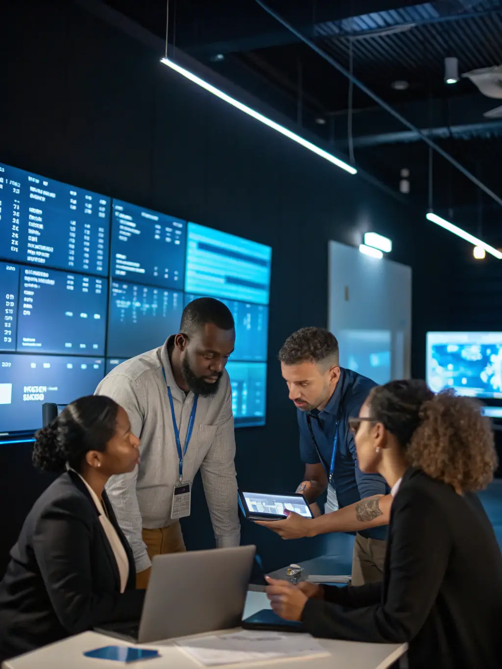 A diverse team of logistics professionals collaborating in a modern office setting, reviewing shipping routes and optimizing supply chain solutions.