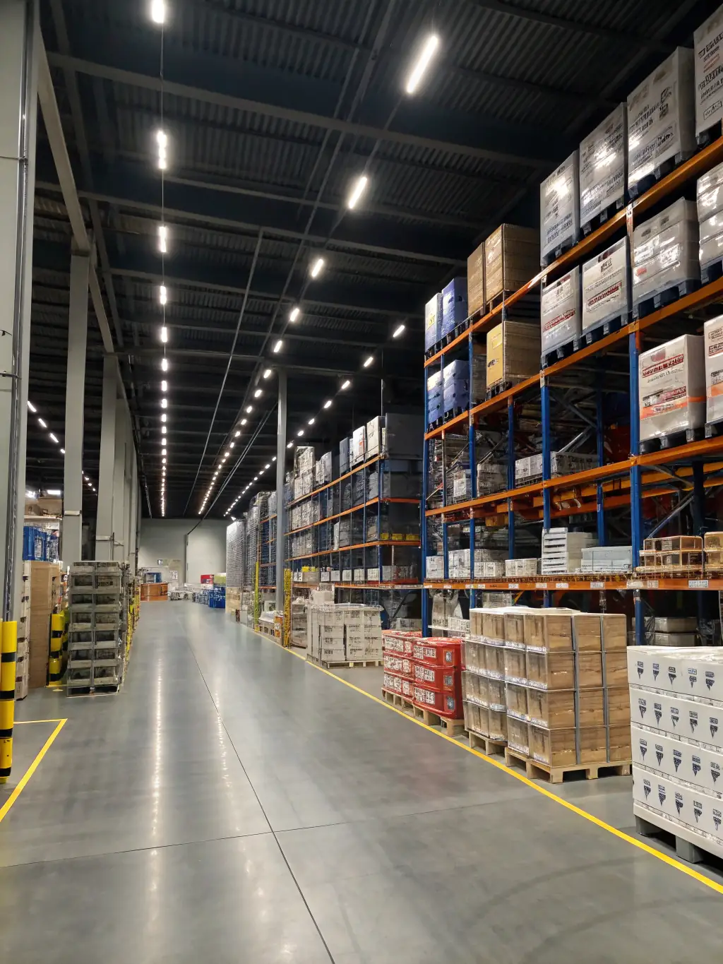 A clean and organized warehouse interior with goods neatly stacked on shelves, showcasing efficient warehousing solutions.