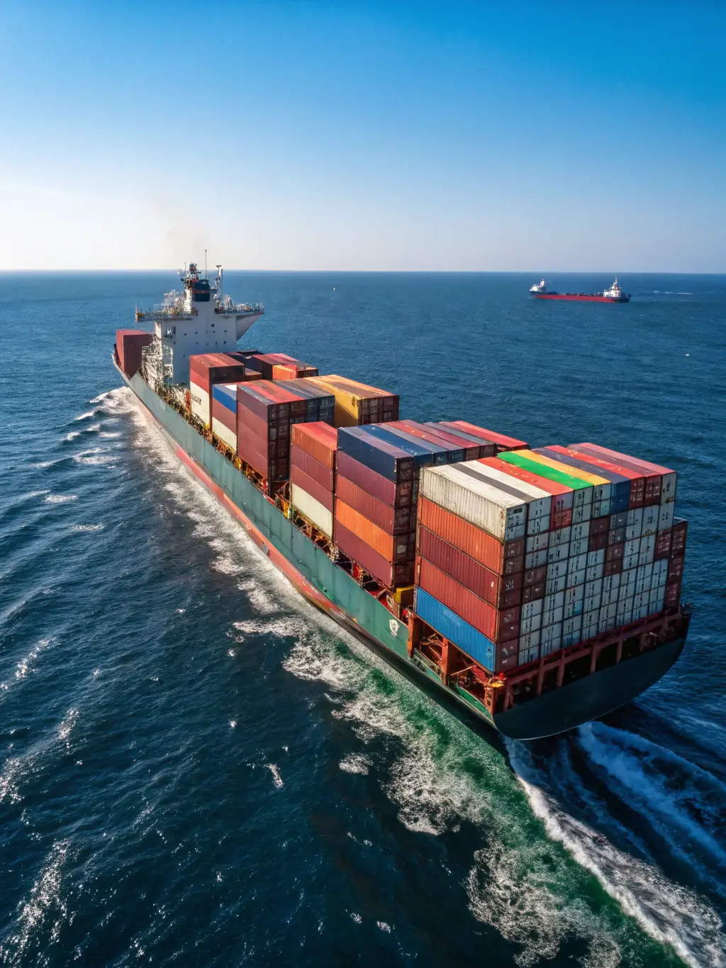 A cargo ship sailing under a clear sky, loaded with containers, representing Orsome Group's international freight forwarding services.