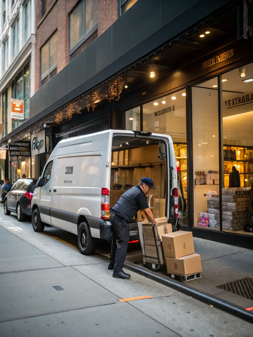 A delivery van making a stop in a busy city street, packages being delivered to a customer's doorstep, representing last-mile delivery.